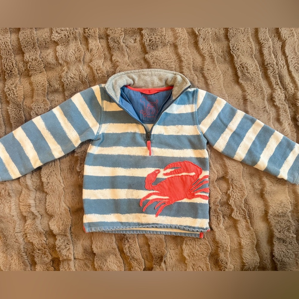 Mini Boden Striped Blue and Cream Hoodie with Red Crab